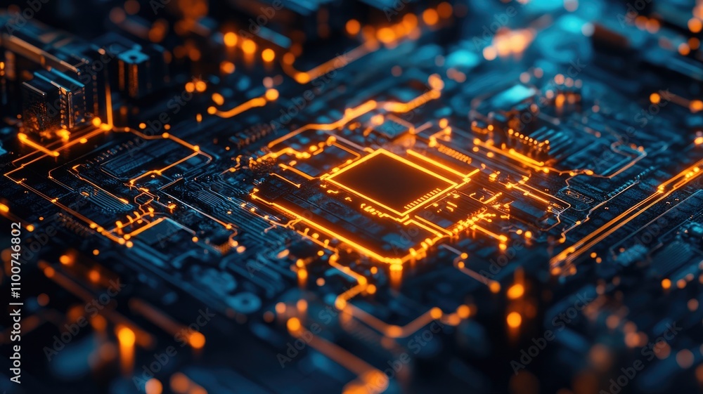 Poster close-up of illuminated cpu chip on circuit board, highlighting microtechnology and electrical conne