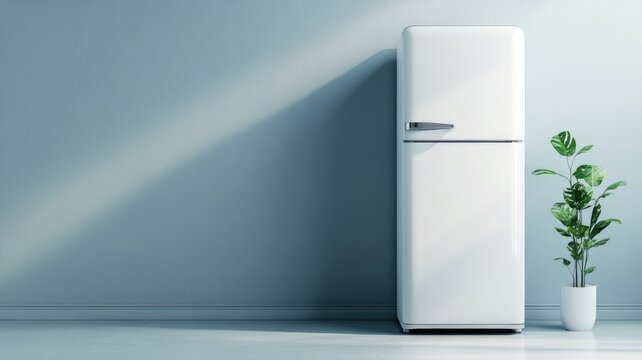 Modern white refrigerator with minimalist design placed next to green potted plant