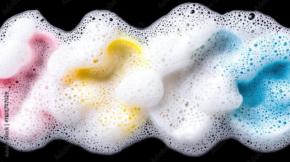 Poster colorful soap bubbles creating a wave pattern on a dark background