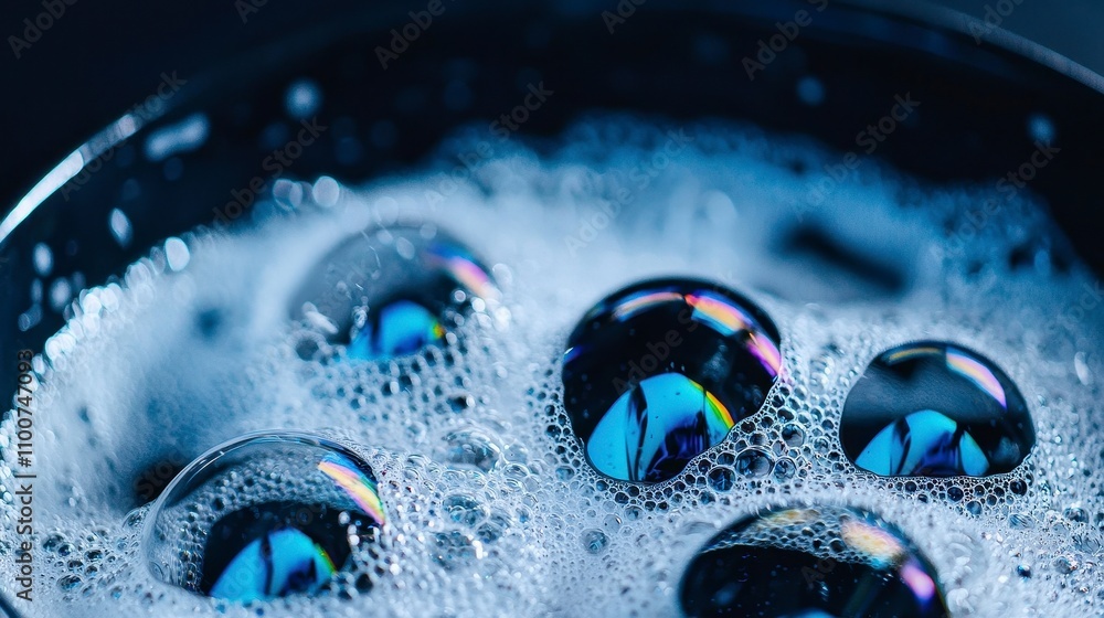 Poster close-up of soap bubbles with reflections in dark background