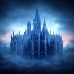 Obraz premium Majestic gothic castle shrouded in mist, dramatic sky.