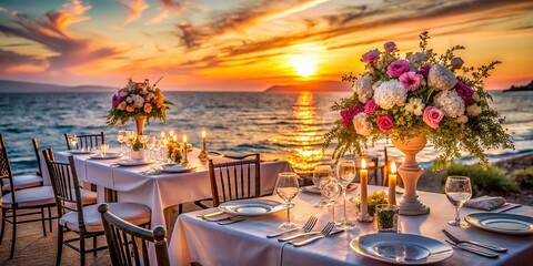 Romantic Seaside Wedding at a Restaurant Overlooking the Ocean with Elegant Decor, Candlelit Tables, and Breathtaking Sunset Views for an Unforgettable Celebration