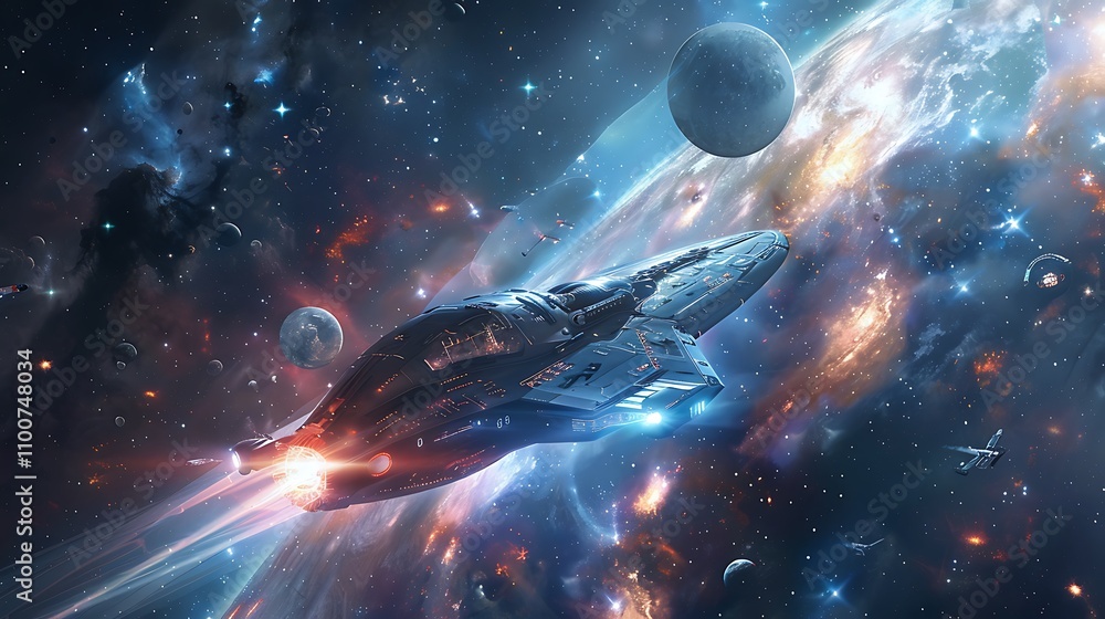Poster spaceship speeds through a vibrant nebula, planets and stars surrounding it. a journey through the c