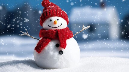Fototapeta premium Cheerful snowman in a winter landscape with snow falling softly