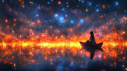 silhouette of a woman standing on a hill, gazing at the vast, starry night sky, symbolizing wonder, exploration, and the limitless possibilities of the universe