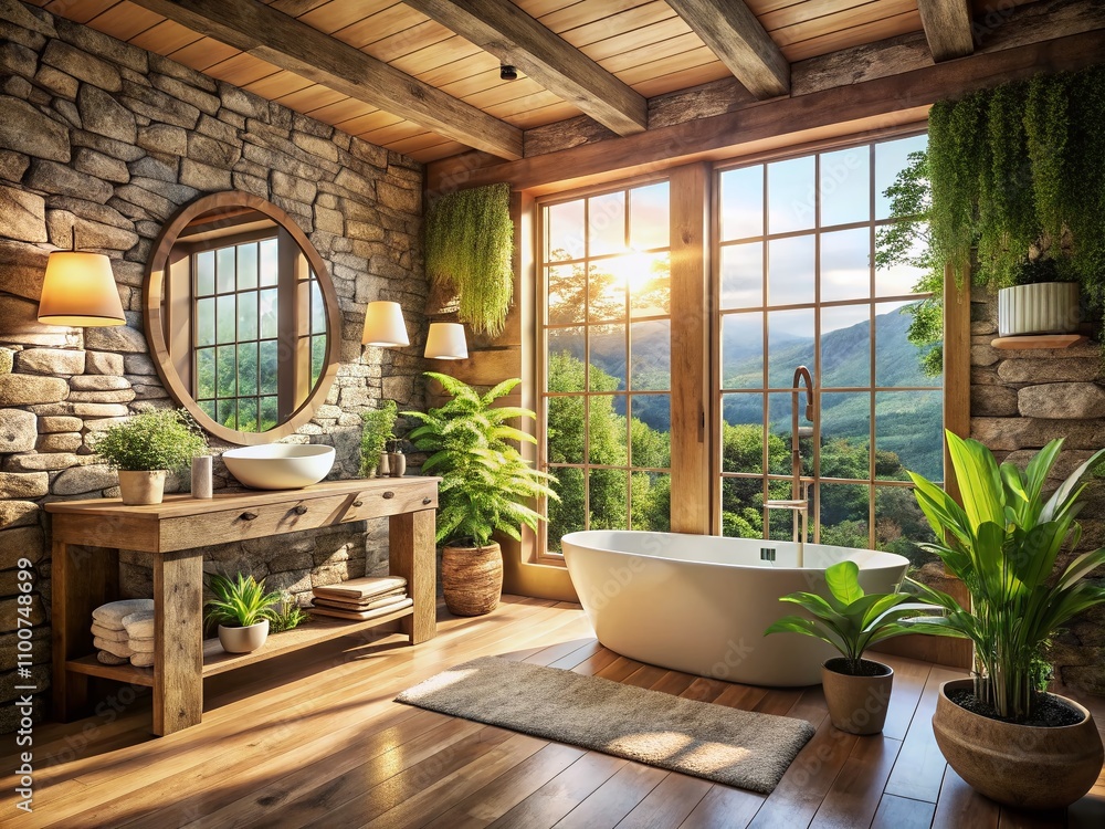 Poster rustic bathroom with expansive views of lush greenery and natural light inviting tranquility and ser