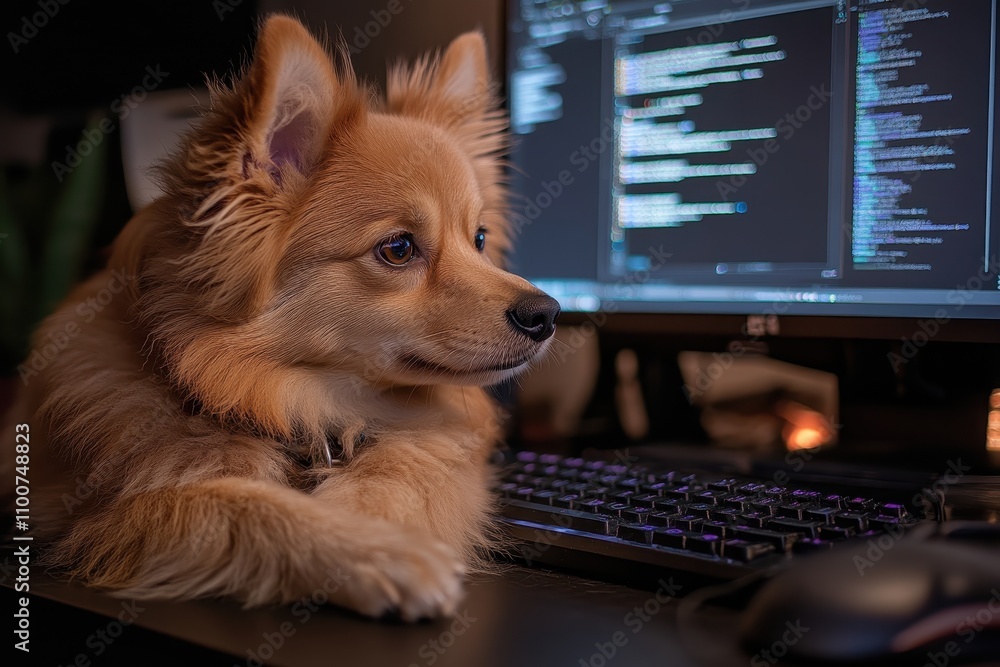 Aufkleber A fluffy dog sits at a desk with a computer, curiously observing coding on the screen, blending the themes of pets and technology.