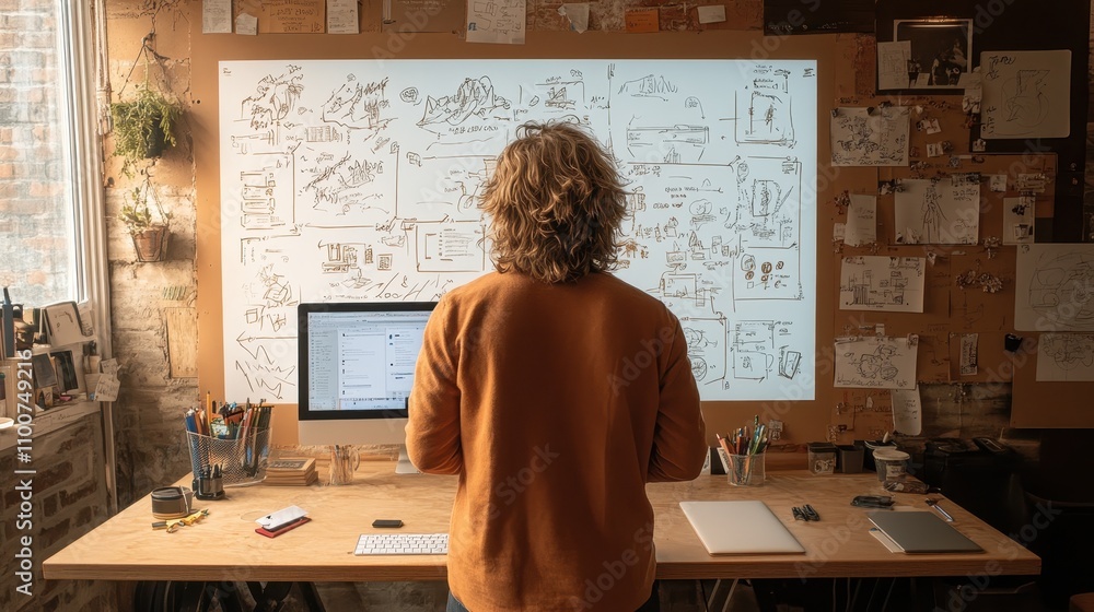 Aufkleber A person stands in front of a computer, facing a large wall covered with sketches and notes, immersed in a creative workspace.