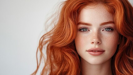 Fototapeta premium Young woman with red hair and freckles looking at camera, light background