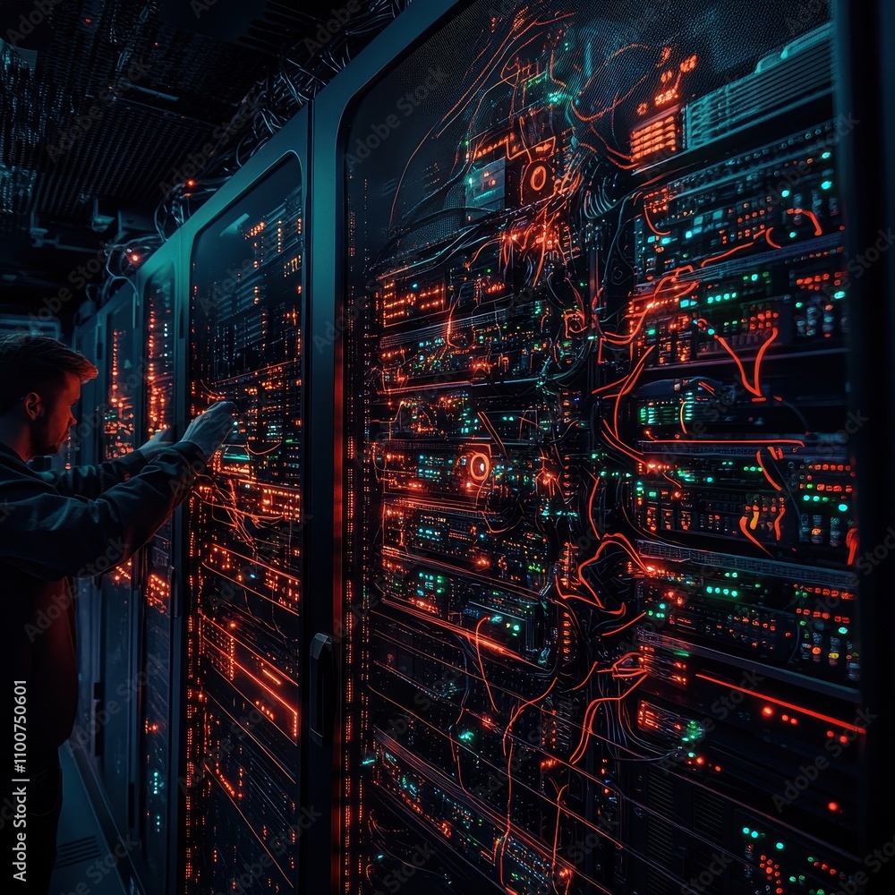 Aufkleber a technician interacts with illuminated server racks, showcasing vibrant red and green lights in a h