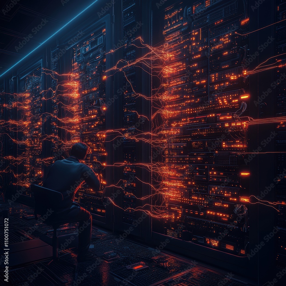 Poster a person interacts with glowing data servers in a dark, high-tech environment, showcasing a futurist