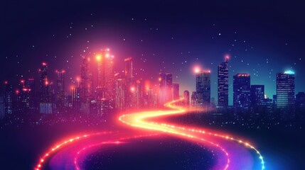Fototapeta premium Glowing road leading to a vibrant futuristic cityscape at night.