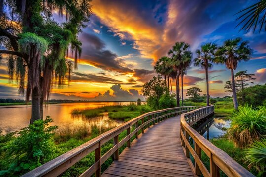 Scenic Silhouette of a Winding Boardwalk Through Lush Vegetation at Lake Lotus Nature Park in Altamonte Springs, Florida During Sunset