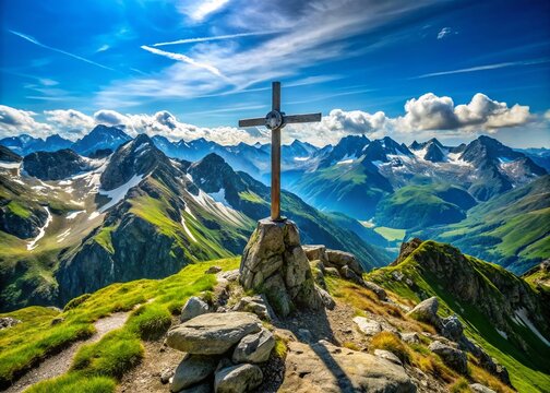 Scenic Summit Cross on Silberen Mountain in Uri, Switzerland, Showcasing Majestic Views Over Pragelpass, Ideal for Hiking and Ski Touring Enthusiasts