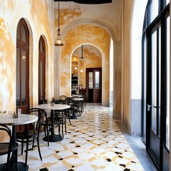 Sunlit indoor cafe with marble tables, chairs, and patterned floor.