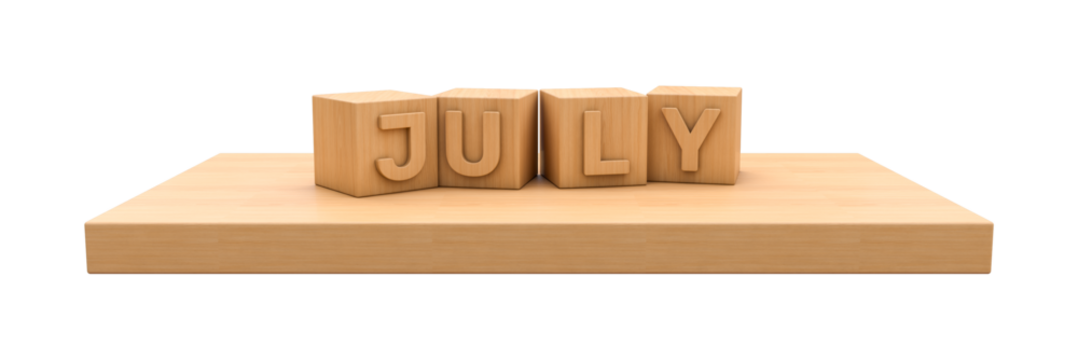 wooden cube with characters of word July on the wooden board