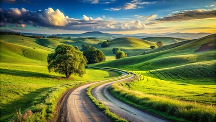 Scenic Winding Dirt Road Through Grassy Fields in Rolling Hills Landscape Perfect for Outdoor and Nature Photography