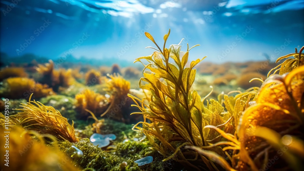 Poster seaweed sketch drawing in continuous line art style with tilt-shift photography effect for a unique 