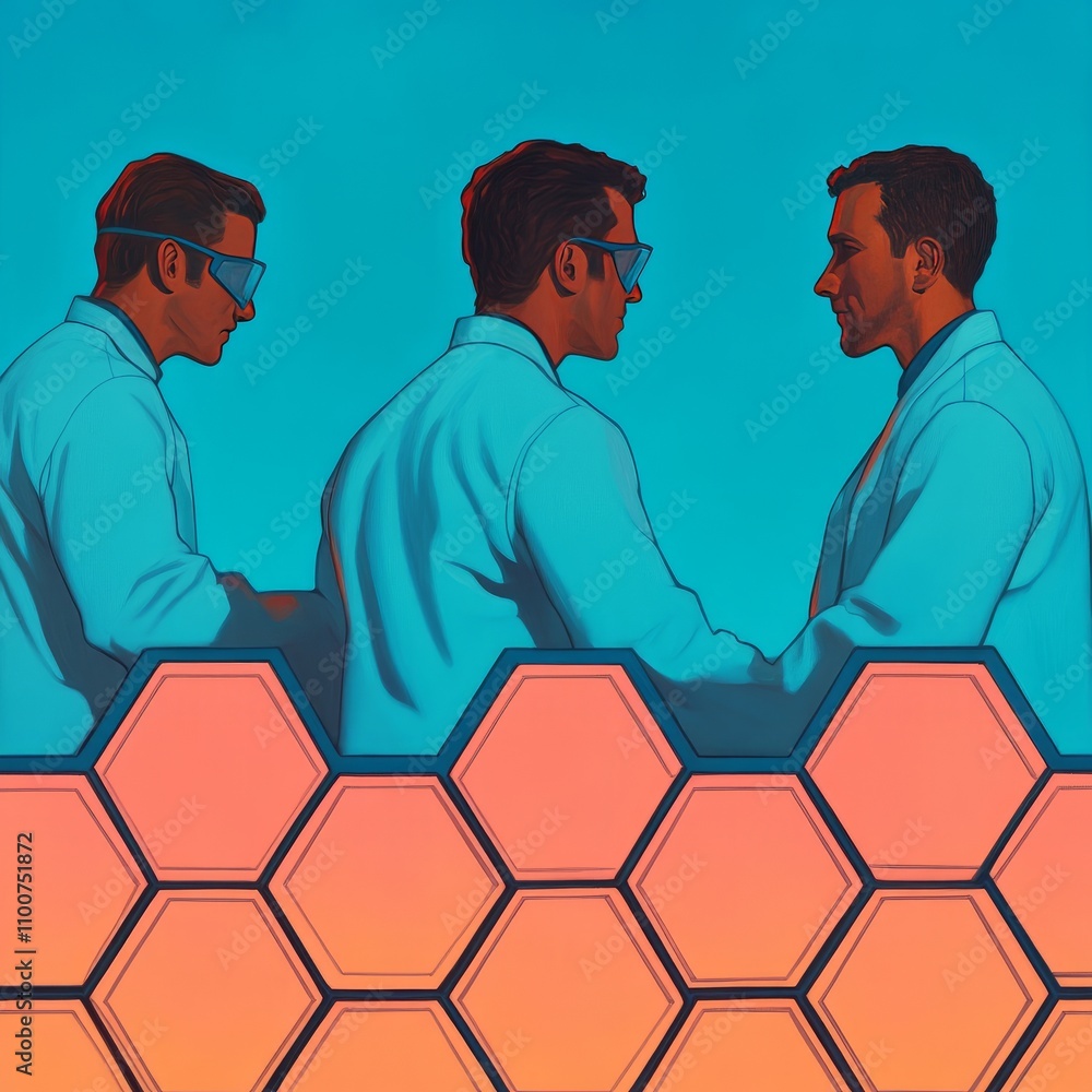 Poster three scientists in lab coats collaborate over a hexagonal structure, representing teamwork and scie