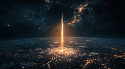 Obraz premium A towering rocket launches into space, leaving a trail of fire and smoke against a starry backdrop, highlighting humanity's ambition to explore the universe.