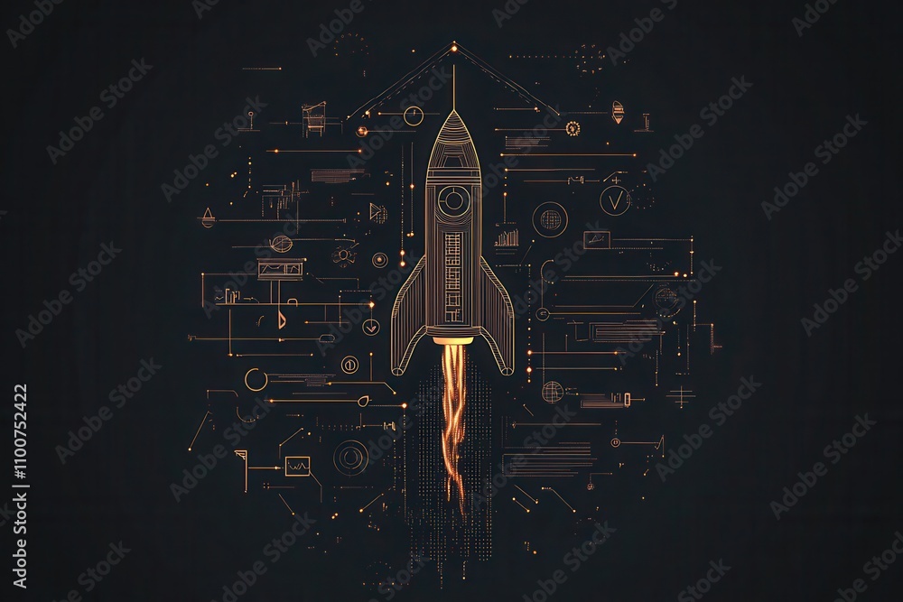 Poster a sleek rocket launches against a dark backdrop, surrounded by intricate technical designs and glowi