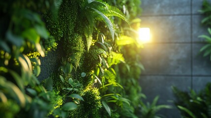 Lush Green Vertical Garden Wall with Warm Lighting