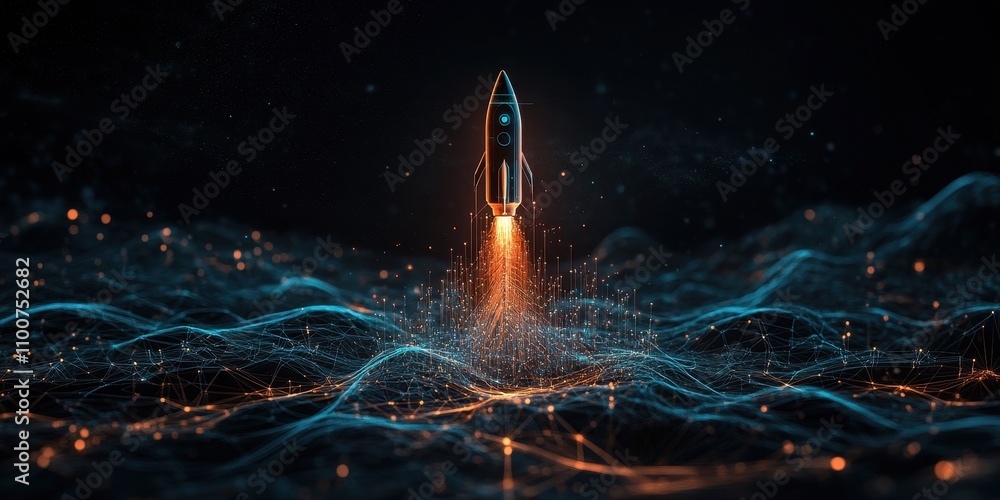 Poster a futuristic rocket launches into a digital landscape, surrounded by glowing waves and particles, sy