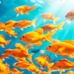 Fototapeta premium Vibrant orange fish schooling in clear blue water, sunlit scene.