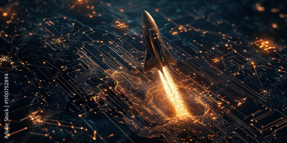 Poster a futuristic rocket launches from a digital landscape, surrounded by glowing circuitry and vibrant l