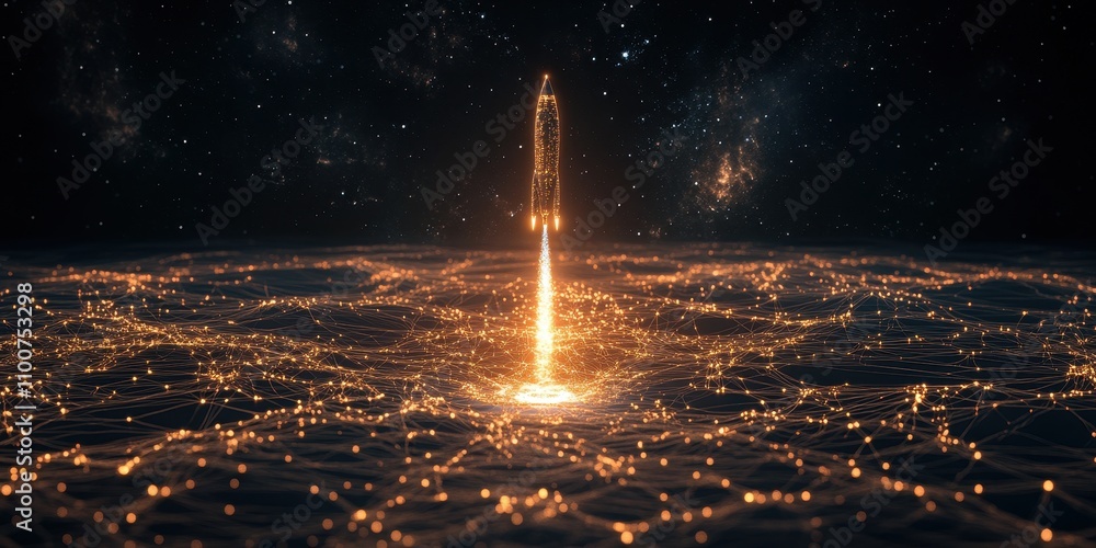 Poster a luminous rocket ascends from a futuristic, hexagonal landscape, surrounded by a starry night sky, 