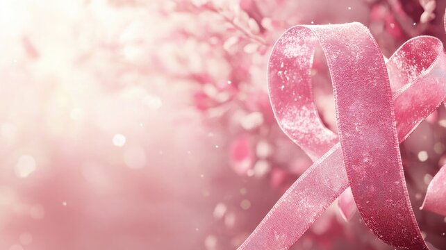 Pink ribbon symbolizing breast cancer awareness on soft, blurred background