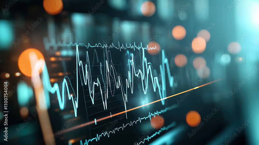 Poster close up of digital ecg tracker displaying heart rate data with vibrant colors and glowing lines, sh