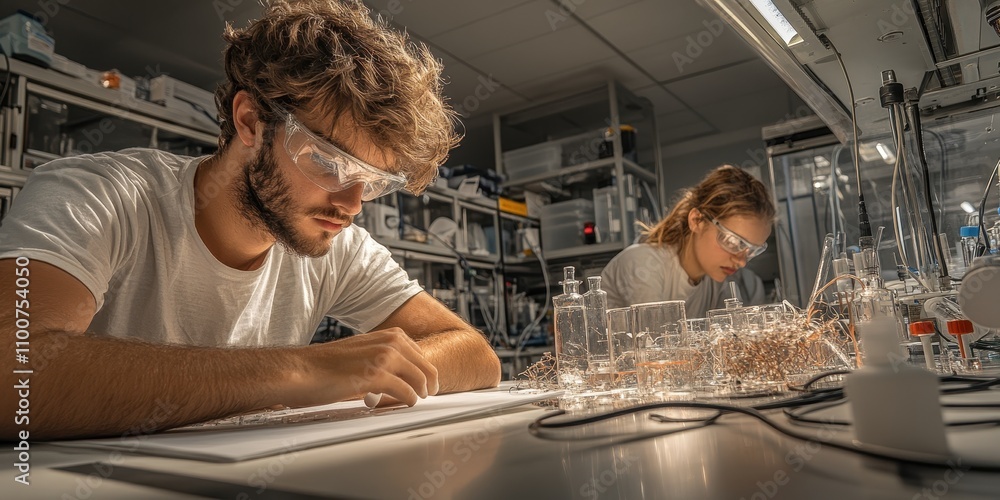 Poster A focused lab scene showing two researchers in protective eyewear working on experiments with glassware and scientific equipment.