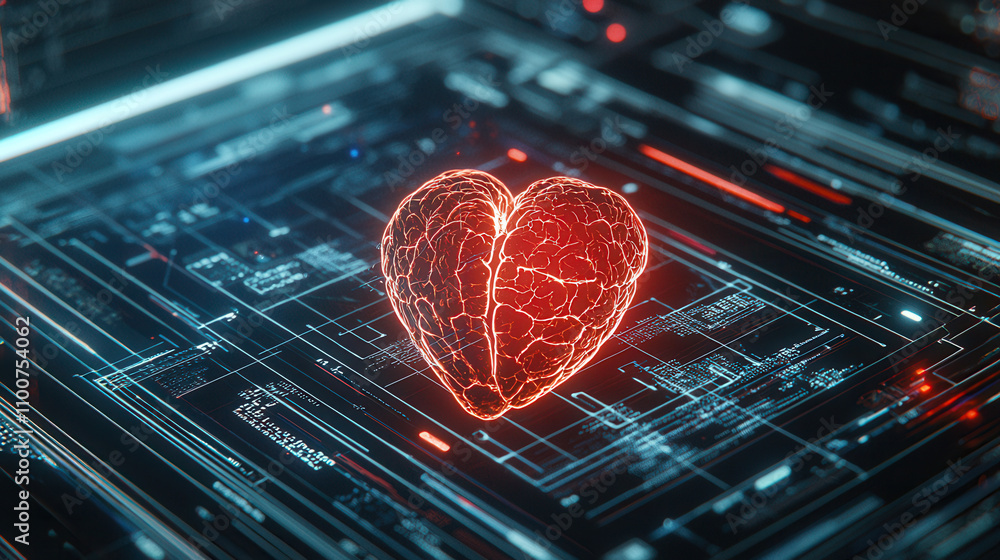 Poster digital representation of glowing heart symbolizing health technology, surrounded by data and circui