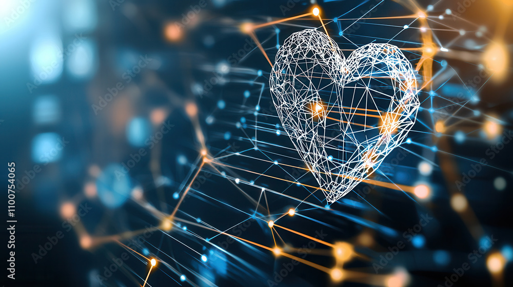 Poster digital heart shape representing love and connection in networked world, showcasing technology and e