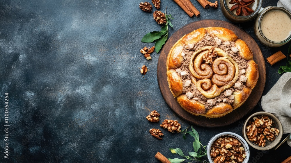 Poster cinnamon roll with nuts and spices on rustic table, various ingredients around