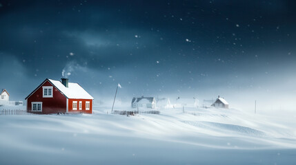Fototapeta premium serene winter landscape featuring red house amidst snowy scene, with snow covered fields and distant houses under dramatic sky. atmosphere evokes sense of calm and isolation