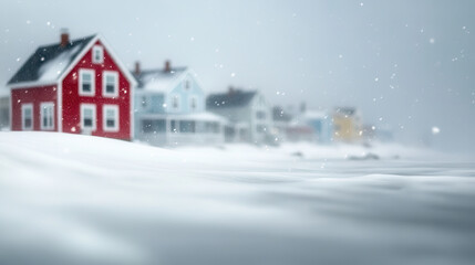 serene view of colorful houses blanketed in snow during snowstorm, creating tranquil winter scene. soft snowfall adds to peaceful atmosphere