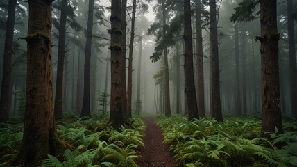 Misty forest path through tall trees and ferns.