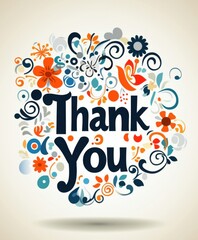 Whimsical Thank You Typography Encircled by Vibrant Floral and Botanical Illustrations