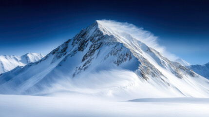 Obraz premium majestic mountain peak covered in snow, showcasing strong winds and serene winter landscape. scene evokes sense of tranquility and awe in nature beauty