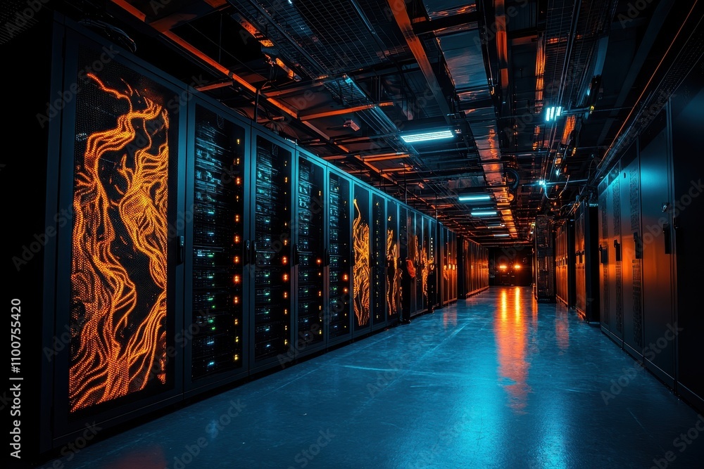 Poster a futuristic server room illuminated with vibrant orange and blue lights, featuring rows of sleek da