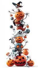 Fototapeta premium vertical stack of Halloween and pumpkins on a white background.