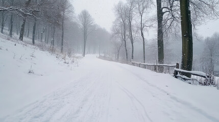 snow covered forest path with heavy snow falling creates serene winter landscape. trees are blanketed in white, enhancing peaceful atmosphere