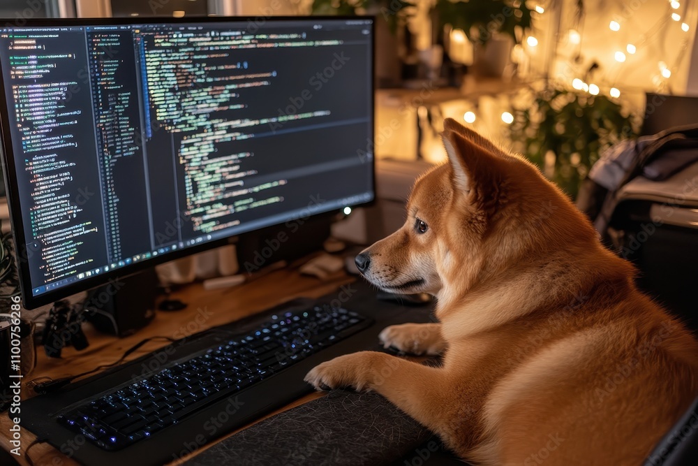 Poster a dog sits at a desk, curiously looking at a computer screen filled with code, surrounded by a cozy,