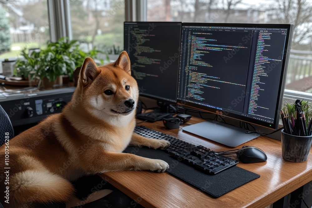 Poster A Shiba Inu sits at a desk with a computer displaying code, creating a charming blend of pets and technology in a cozy workspace.