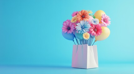 3D rendering paper bag bunch of colorful balloons and flower isolated background. World Consumer Rights Day