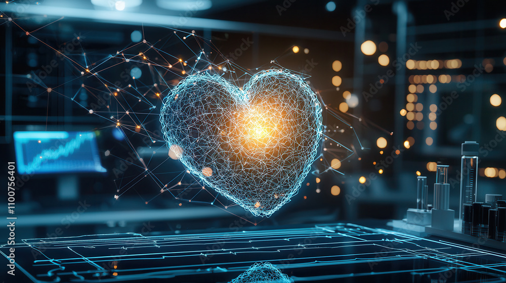 Poster 3d heart shape made of glowing lines and particles, symbolizing technology and health innovation in 