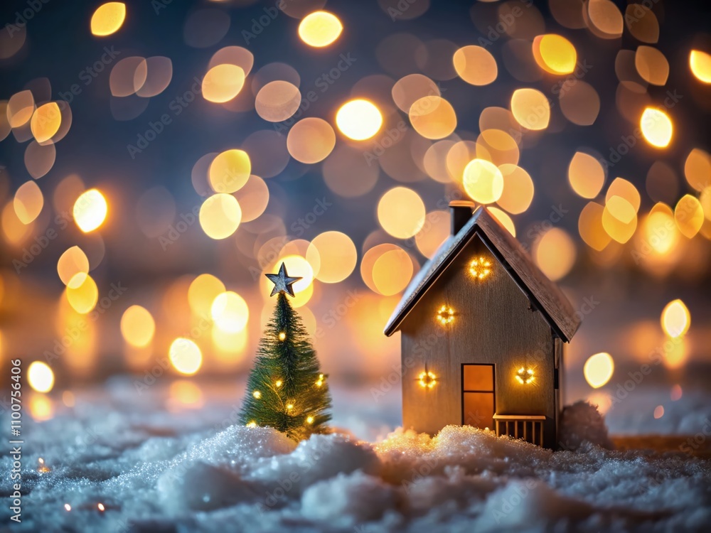 Poster serene minimalist christmas house lights illuminating a cozy winter evening with soft glows in the b