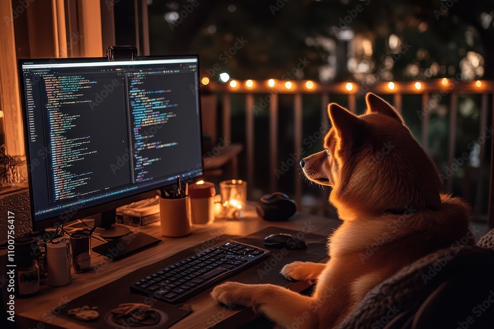 Poster A cozy scene featuring a dog sitting at a computer, gazing at code, illuminated by soft lighting and candles, creating a warm and inviting atmosphere.